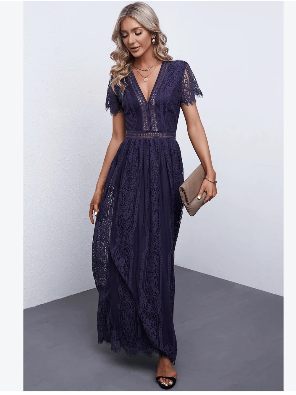 Scalloped Trim Lace Plunge Purple Maxi Dress Small